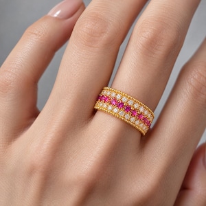 Vintage Gemstone Gold Plated Red Corundum Promise Ring Wide Band Stackable Jewelry Anniversary Gift