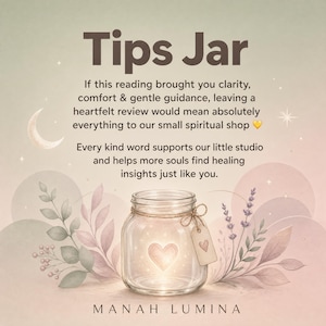May include: A glass jar with a glowing heart inside, tied with twine and a small tag featuring a heart icon. The text reads: Tips Jar. If this reading brought you clarity, comfort & gentle guidance, leaving a heartfelt review would mean absolutely everything to our small spiritual shop. Every kind word supports our little studio and helps more souls find healing insights just like you. MANAH LUMINA.