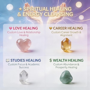 May include: Image showing four crystals for spiritual healing. A heart-shaped rose quartz, a faceted citrine, a clear quartz point, and a green jade are displayed. Text includes "Spiritual Healing & Energy Cleansing."
