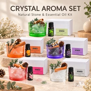 Crystal Diffuser Kit, Tumbled Stones and Essential Oil in Tinted Glass Bowl