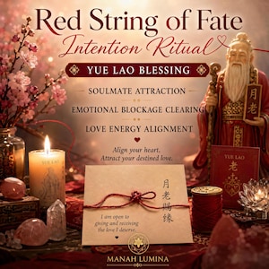 Könnte beinhalten: Ein Red String of Fate Intention Ritual Set mit einer Yue Lao Figur, einer Kerze, einer Spule mit rotem Faden und einer Karte mit dem Text 'I am open to giving and receiving the love I deserve', die mit einem roten Faden verknotet ist, umgeben von Kristallen.