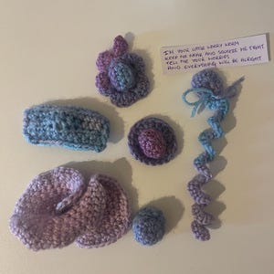Könnte beinhalten: Ein Set gehäkelter Sorgenwurm-Spielzeuge in Blautönen und Lila. Die Spielzeuge beinhalten eine Blume, einen Hut, ein Stirnband, einen Wurm und eine kleine Kugel. Der Text auf dem Zettel lautet: "Ich bin dein kleiner Sorgenwurm halte mich nah und drücke mich fest erzähle mir deine Sorgen und alles wird gut."