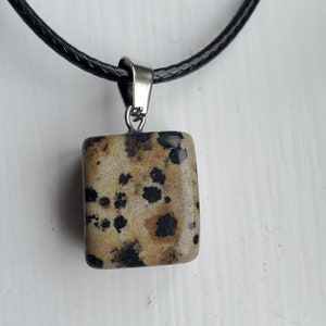 Necklace with Polished Stone Pendant, Dalmatian Jasper, natural gemstone jewelry, 18" black cord, rock crystal gift