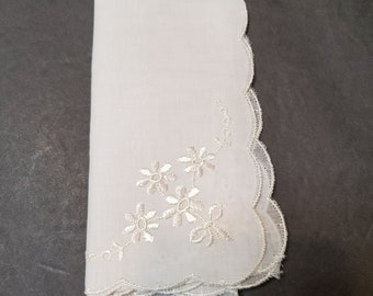 Vintage Embroidered Handkerchief, Scalloped Edge, Floral, Swiss Embroidery, Switzerland, Hankie