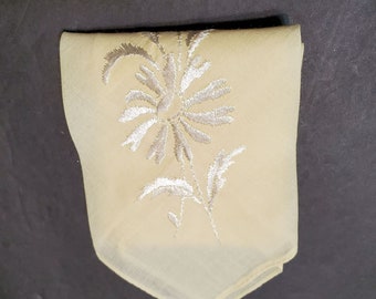 Vintage Embroidered Handkerchief, Yellow Hankie, Silvery, Flower Embroidery, Floral Handkerchief, Embroidered Hankie