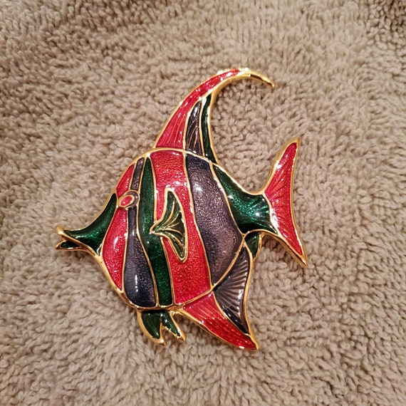 Fish Brooch, Red Green Angelfish with gold tone m… - image 1