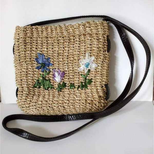 Vintage Straw Purse with Raffia Flowers, Leather Handles, Woven Jute Grass Handbag, Retro Hand Bag, Raffia Purse, Crossbody Bag