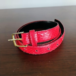 May include: A red belt with a textured snakeskin pattern and a gold-toned metal buckle. The belt features a matching red leather loop and a series of circular adjustment holes along the strap, with a smooth black interior lining visible.