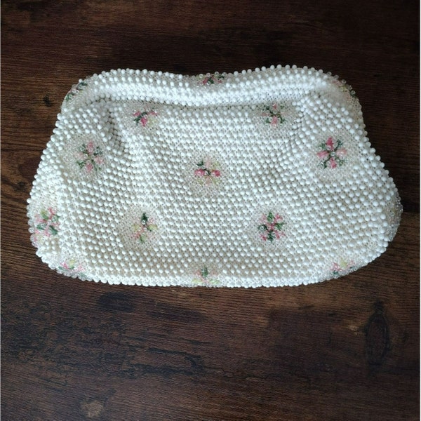 1950s Beaded Bag, Corde-Bead Lumured Clutch Purse Embroidered Floral Vintage USA