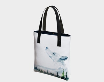 West Coast Wolf Tote bag with misty inset forest with two style choices