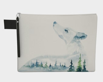 Wolf Zipper Pouch in various sizes 10-16 inches - from original watercolour painting by Beth Doman - West Coast misty forest inset imagery