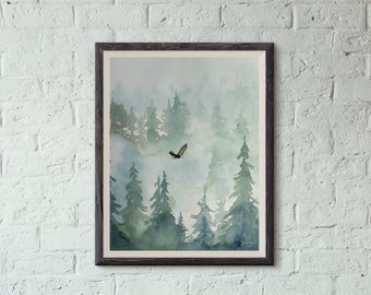 Eagle print 8 x 10 inch - flying over a misty west coast forest, high quality print based on original watercolour by Beth Doman - UNFRAMED