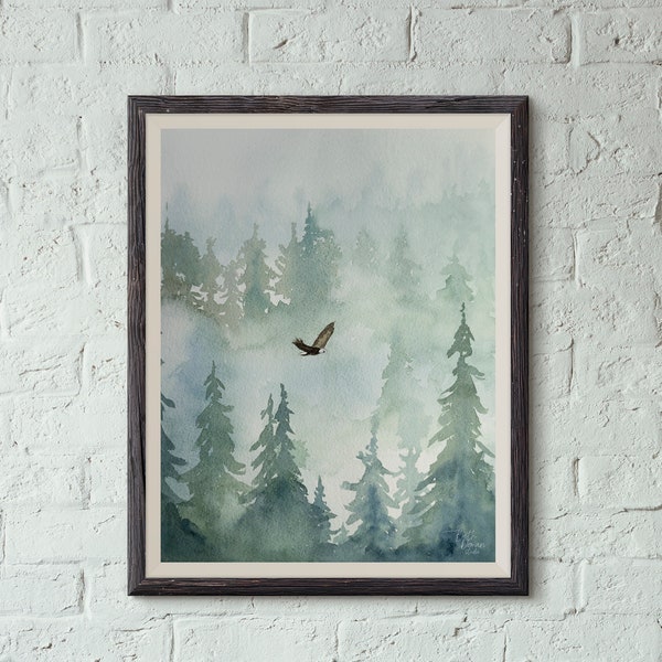 Eagle print 8 x 10 inch - flying over a misty west coast forest, high quality print based on original watercolour by Beth Doman - UNFRAMED