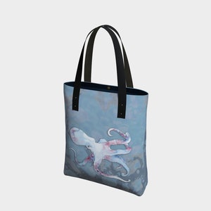 Octopus Blue Tote based on original watercolour by Beth Doman on a marbled background with hashtag West Coast Best Coast on back