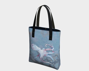Octopus Blue Tote based on original watercolour by Beth Doman on a marbled background with hashtag West Coast Best Coast on back