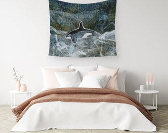 Orca Wall Tapestry based on collage by Beth Doman in 3 sizes