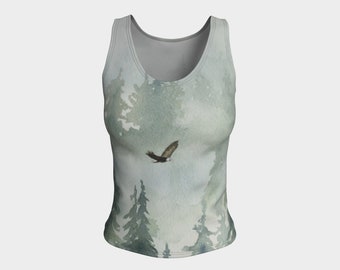 Eagle Tank-Top T-Shirt featuring a bald eagle flying over a misty forest, West Coast inspired