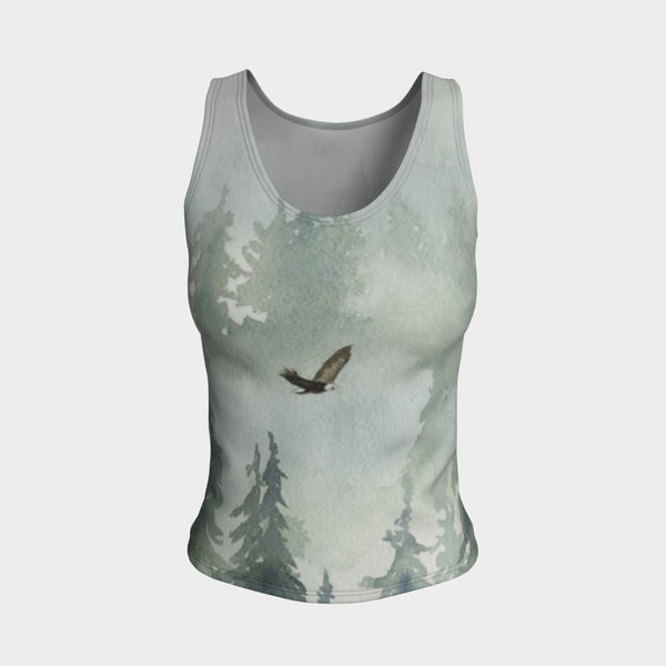 Eagle Tank-Top T-Shirt featuring a bald eagle flying over a misty forest, West Coast inspired