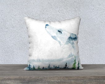 Wolf Cushion Cover in soft velveteen or canvas - 18 " x 18" from original watercolour by Beth Doman - cushion not included