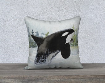 Orca cushion cover made in Canada, soft velveteen 18" x 18"