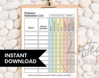 Printable, Colorful Primary Substitute List