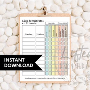 May include: A printable checklist for substitute teachers in a primary school. The checklist includes columns for name, phone number, and skills such as childcare, teaching, music, and piano. The checklist also includes columns for availability, including short-term, weekend, and long-term.