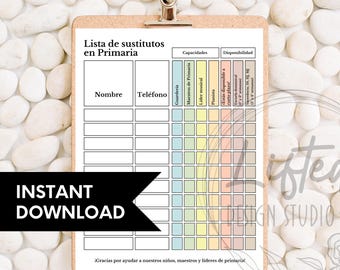 Spanish Printable, Colorful Primary Substitute List