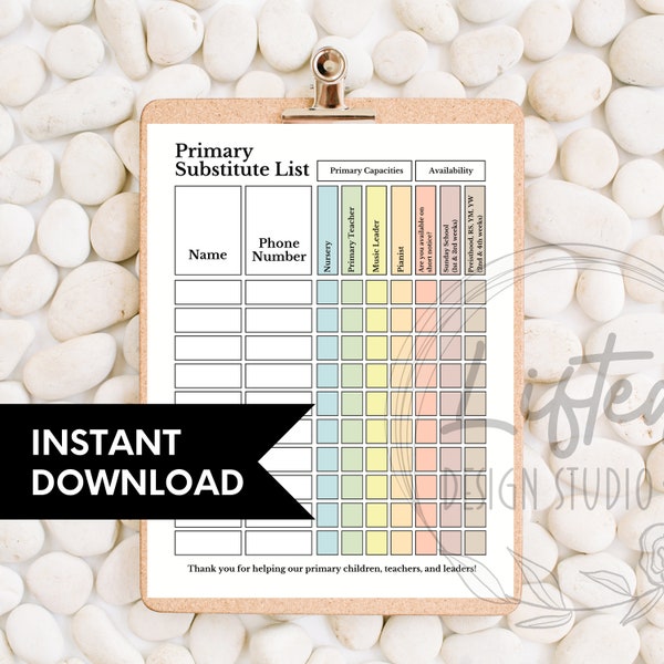 Printable, Colorful Primary Substitute List