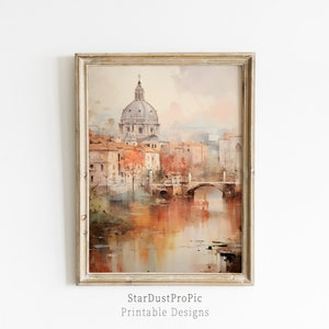 Impresión de la ciudad de Roma, decoración de la pared de Italia, arte de Roma, pintura de acuarelas, paisaje urbano, imprimible digital, paisaje italiano vintage