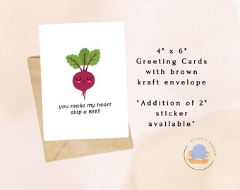 You Make My Heart Skip A Beet - Everyday Card, Valentines Day, Love Card, Food Pun, Sticker Greeting Card, Punny Greeting Cards