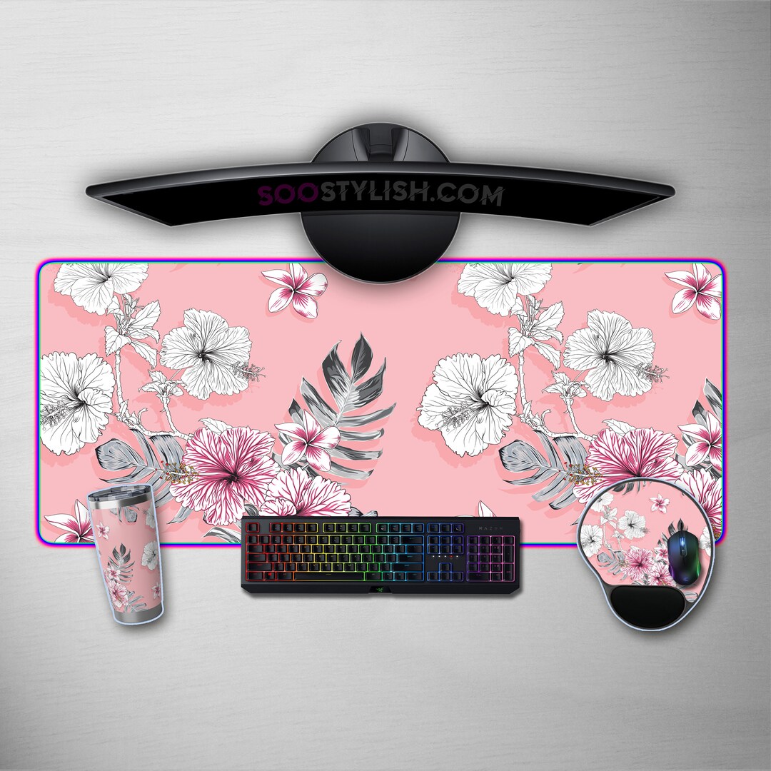 Cute Pink Floral Desk Mat Pink Desk Pad Floral Pink Wrist Rest Mouse