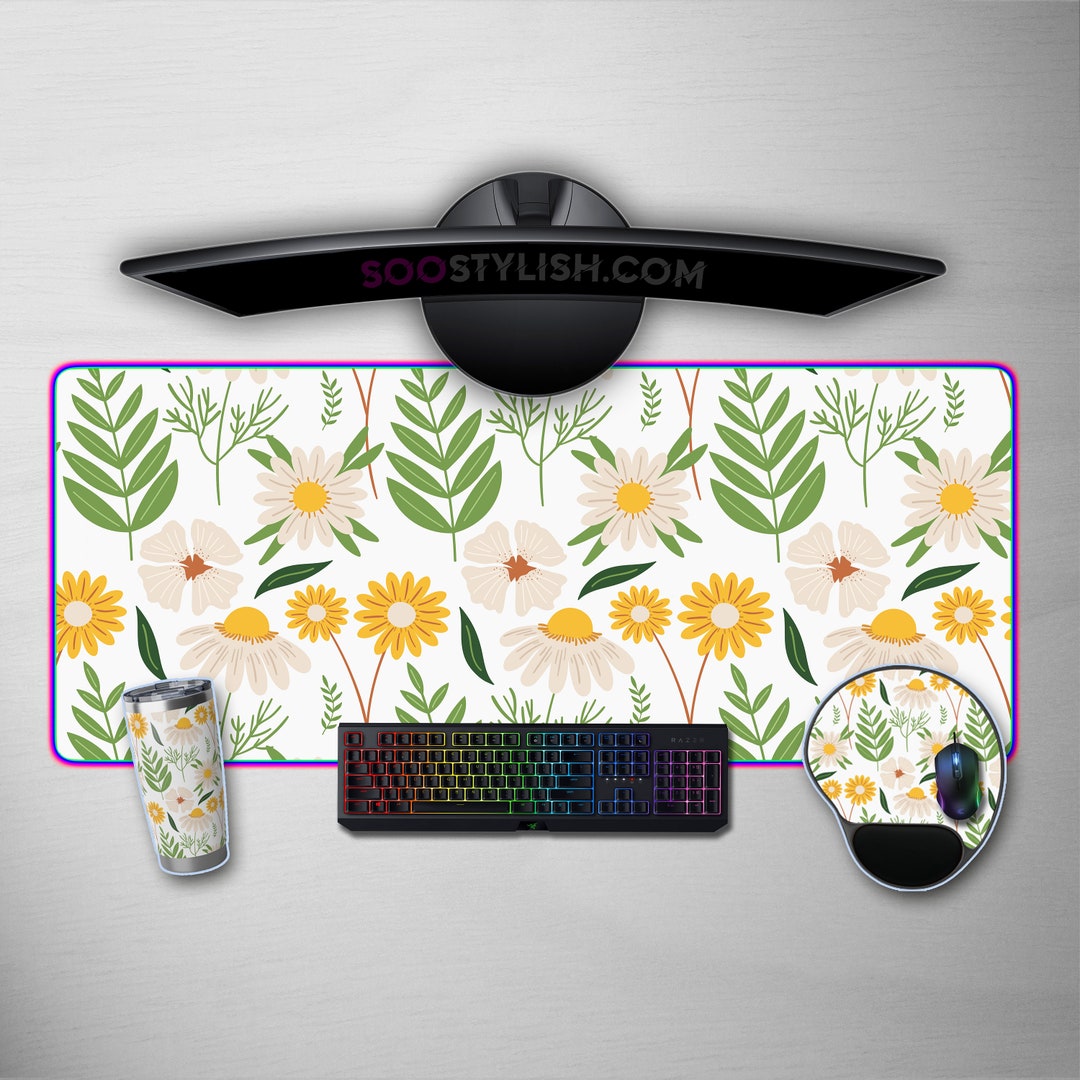 Floral Desk Mat White Floral Desk Pad Cute Flowers Mouse Pad XXL Desk