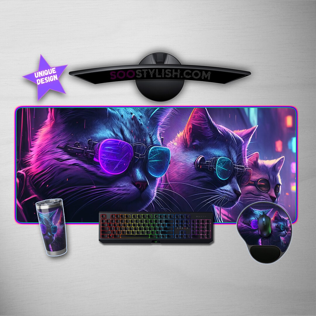 Desk Mat Cyberpunk Cats Wrist Rest Extended Mouse Pad Extra Etsy
