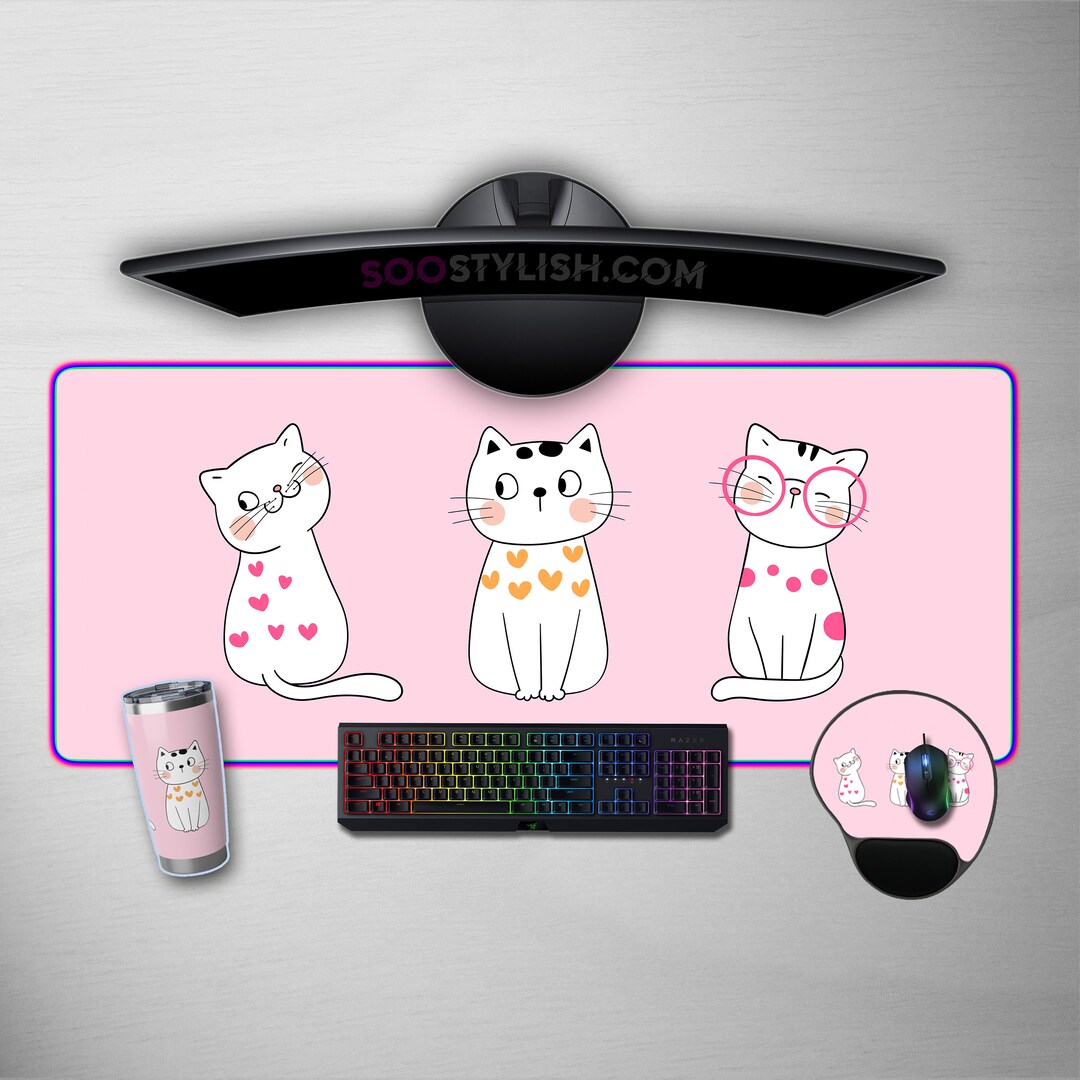 Cute Cats Pink Desk Mat Cats Wrist Rest Mouse Pad and Insulated Tumbler Etsy