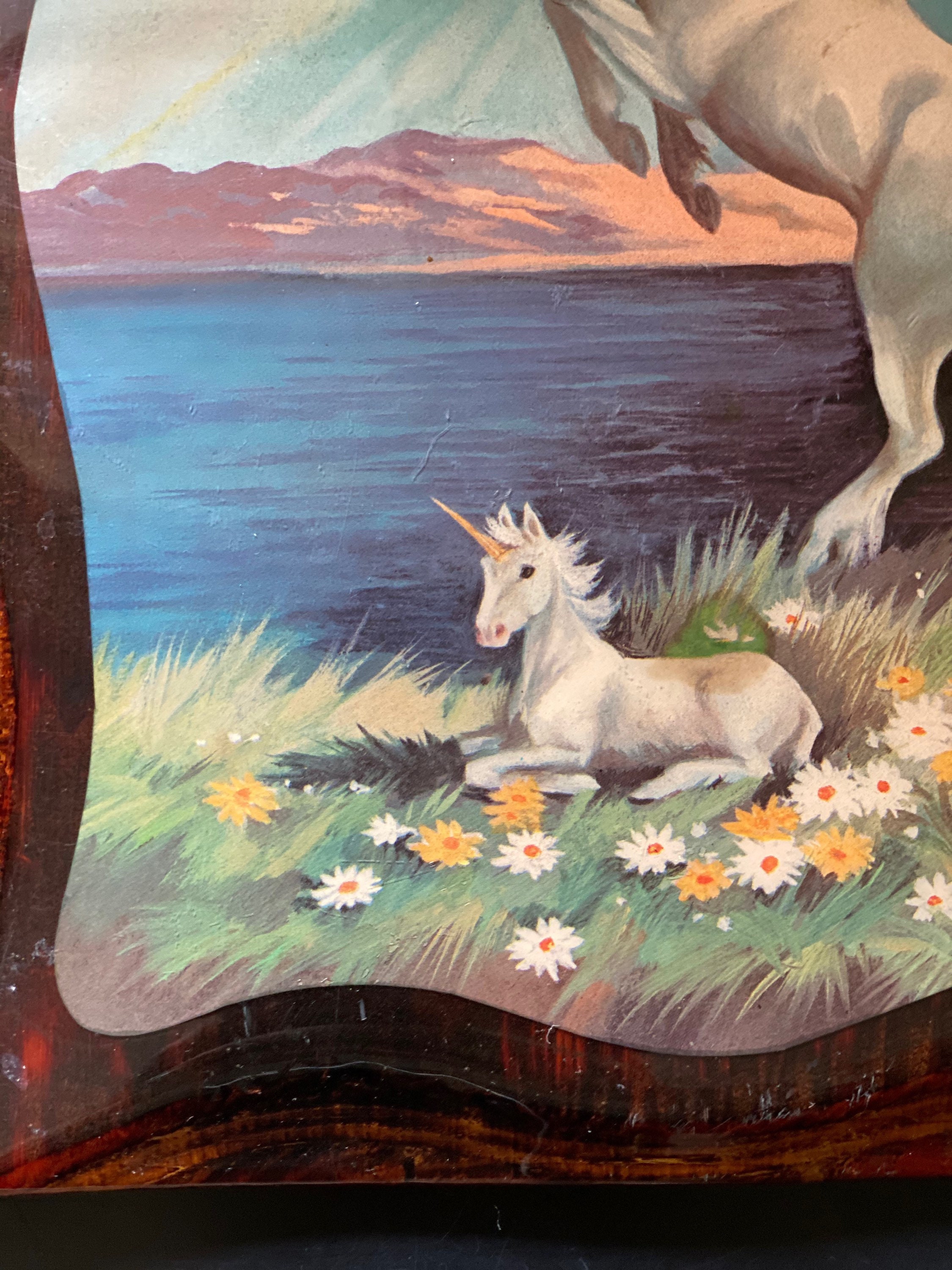 Vintage Unicorn Painting / 70s Wood and Epoxy art / Mother and Etsy