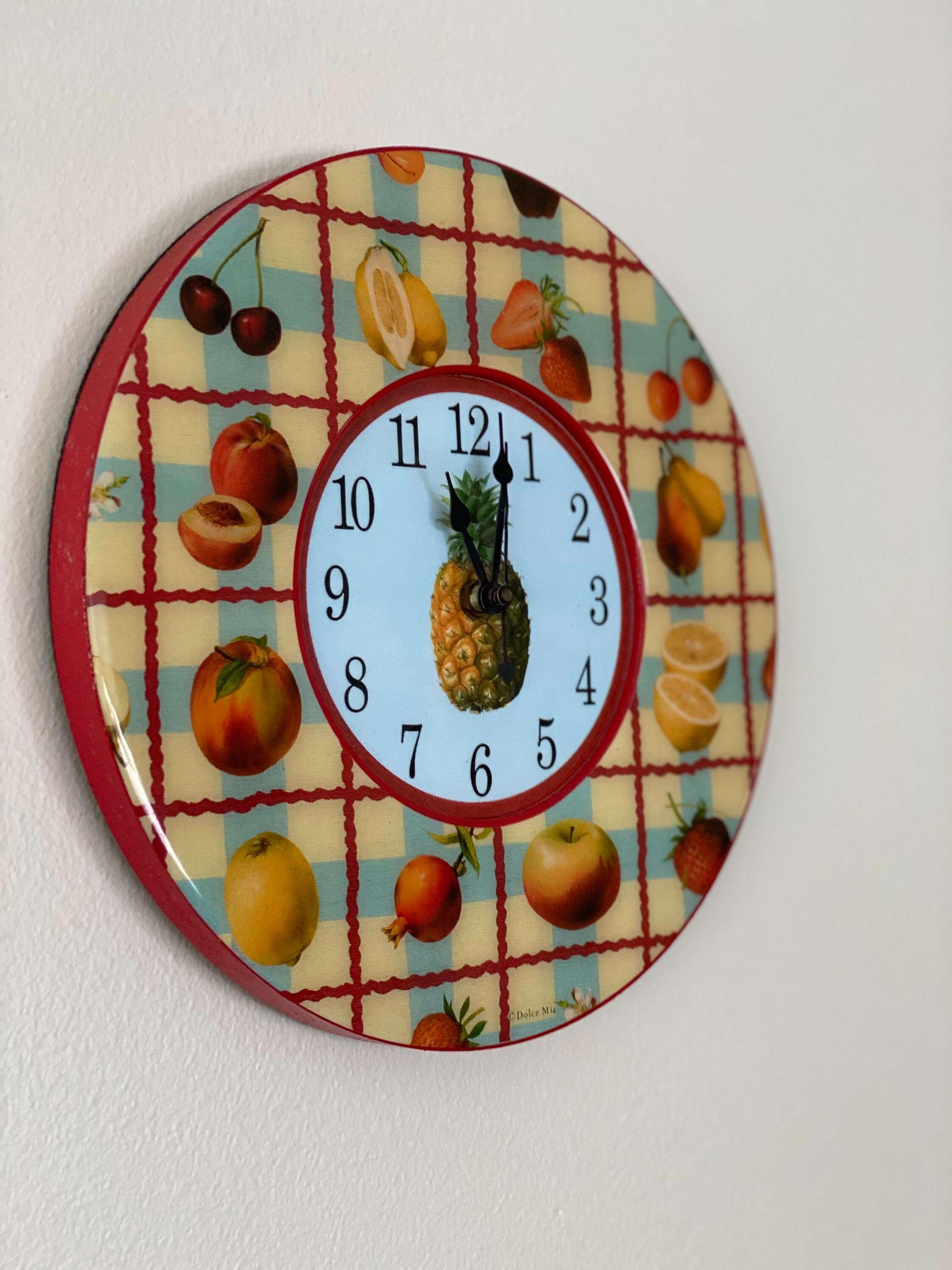 Vintage Fruit Clock / Retro Picnic Pattern / Gingham Check / Etsy
