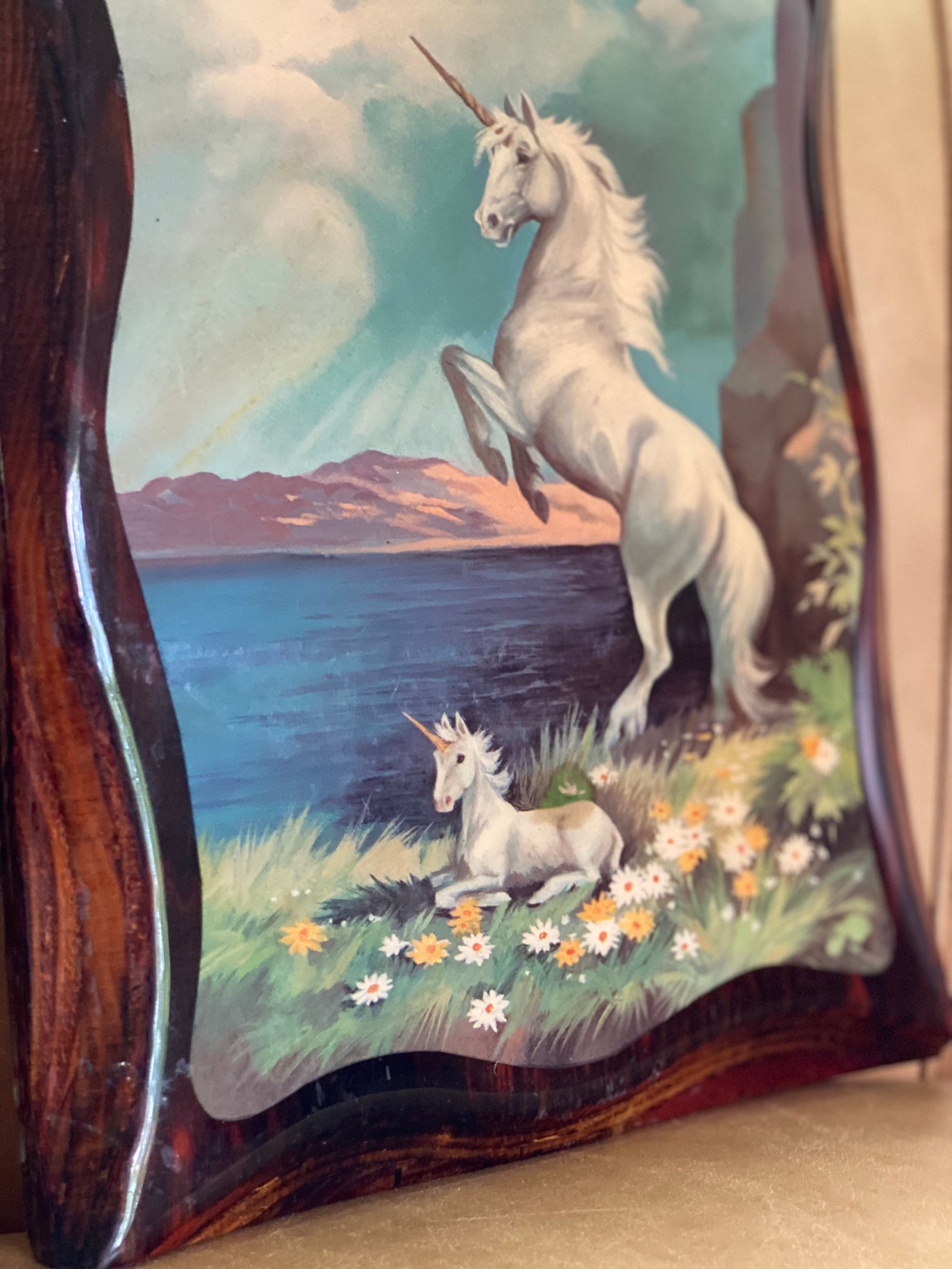 Vintage Unicorn Painting / 70s Wood and Epoxy art / Mother and Etsy