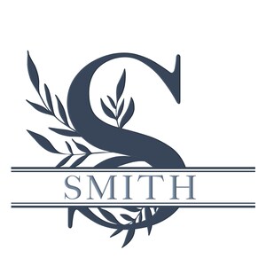 May include: A navy blue monogram with the letter S and the word "SMITH" in a banner below. The letter S is decorated with leafy branches. The text "Est. 2021" is below the banner.