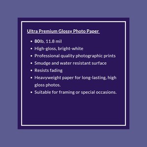 Op de afbeelding: Ultra Premium Glossy Photo Paper, 80 lb, 11,8 mil, hoogglans, helder wit, professionele fotoprints van hoge kwaliteit, vlek- en waterbestendig oppervlak, verkleurt niet, zwaar papier voor duurzame, hoogglanzende foto's, geschikt voor inlijsten of speciale gelegenheden.