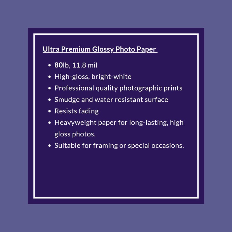 Op de afbeelding: Ultra Premium Glossy Photo Paper, 80 lb, 11,8 mil, hoogglans, helder wit, professionele fotoprints van hoge kwaliteit, vlek- en waterbestendig oppervlak, verkleurt niet, zwaar papier voor duurzame, hoogglanzende foto's, geschikt voor inlijsten of speciale gelegenheden.