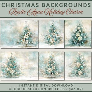 Op de afbeelding: Zes digitale afbeeldingen van een rustieke aqua kerstboom met witte ornamenten en blauwe kerstballen. De bomen staan ​​tegen een besneeuwde achtergrond met een zacht, aquarelachtig effect. De afbeeldingen zijn van hoge kwaliteit en perfect voor digitaal scrapbooken, kaartmaken of andere creatieve projecten.