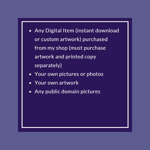 Op de afbeelding: Een lijst met acceptabele beeldtypen voor een aangepast gedrukt product. De lijst bevat digitale items, persoonlijke foto's, kunstwerken en afbeeldingen uit het publieke domein.