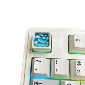 Könnte beinhalten: Eine weiße mechanische Tastatur mit einer individuellen Tastenkappe, die einen Wal in blauem Wasser unter einem bewölkten Himmel zeigt. Weitere weiße Tasten mit schwarzer Beschriftung sind sichtbar, sowie eine grün-blaue Hintergrundbeleuchtung.