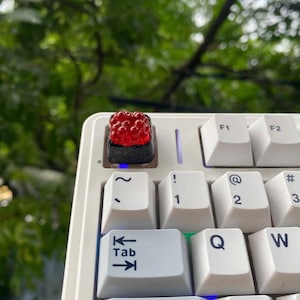 May include: A close-up of a white mechanical keyboard with a custom keycap. The keycap is designed to look like sushi, with a red roe topping. Other keys are white with black lettering.