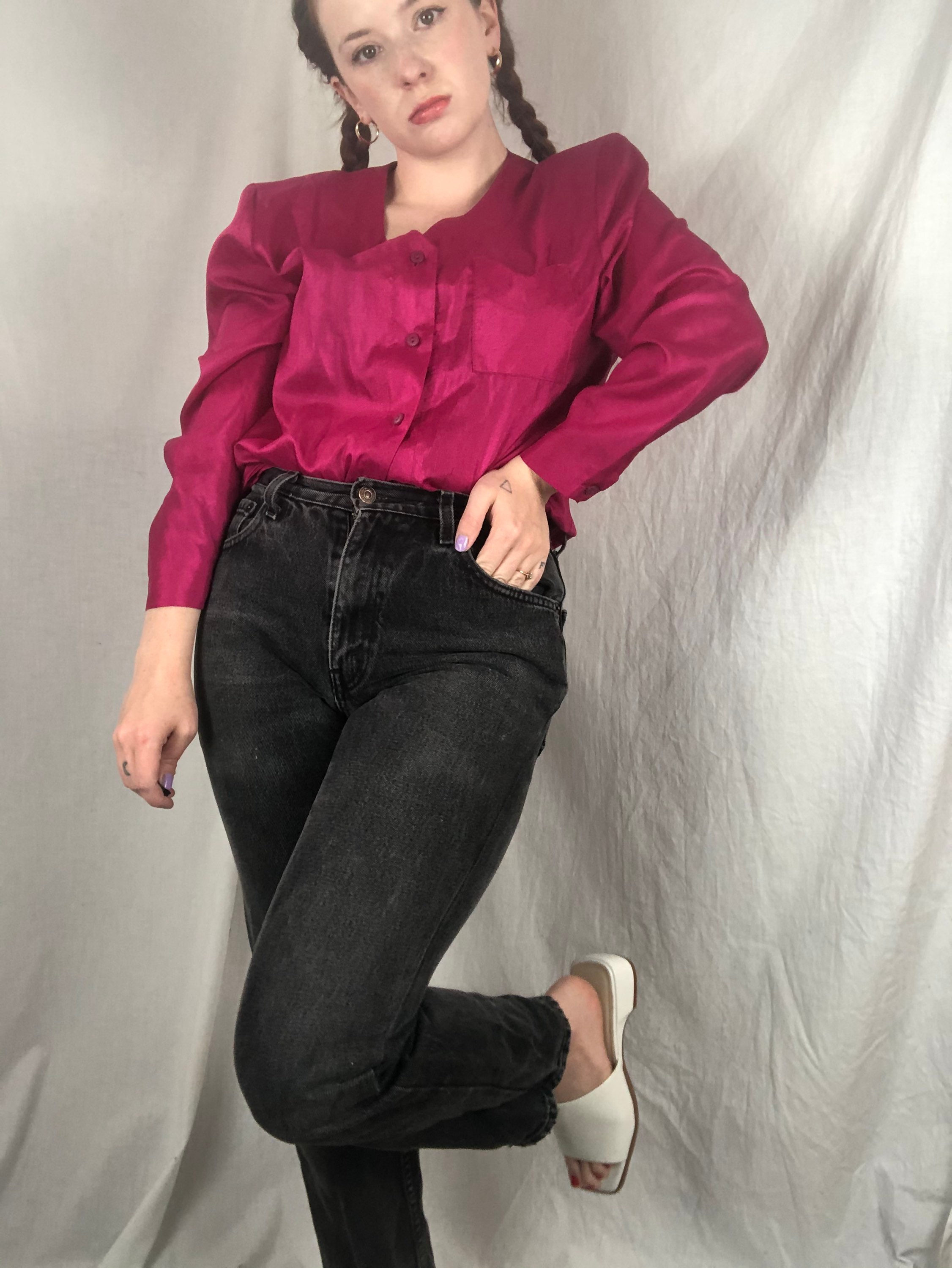 1980s Bright Pink Fuchsia Shoulder Pad Button Blouse With Etsy Ireland