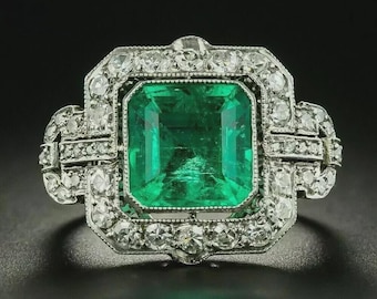 Antique Ring Art Deco Style Ring Green Emerald Ring Lab Created Diamond Wedding 14K White Gold Finish Ring