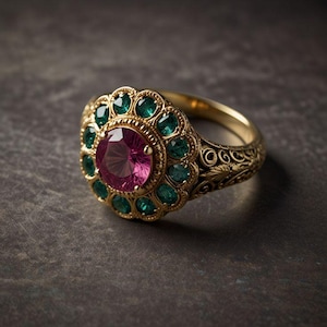 May include: A gold ring with a central pink gemstone encircled by green gems. The ring's band has an intricate floral pattern. The ring is set against a dark, textured backdrop. The design is reminiscent of vintage jewellery.