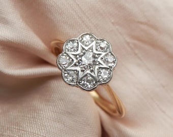Antique Style Art Deco Halo Ring Lab Created Diamond Ring &#39;Star&#39; Daisy Ring, Handmade Cluster Ring 925 Sterling SIlver RIng