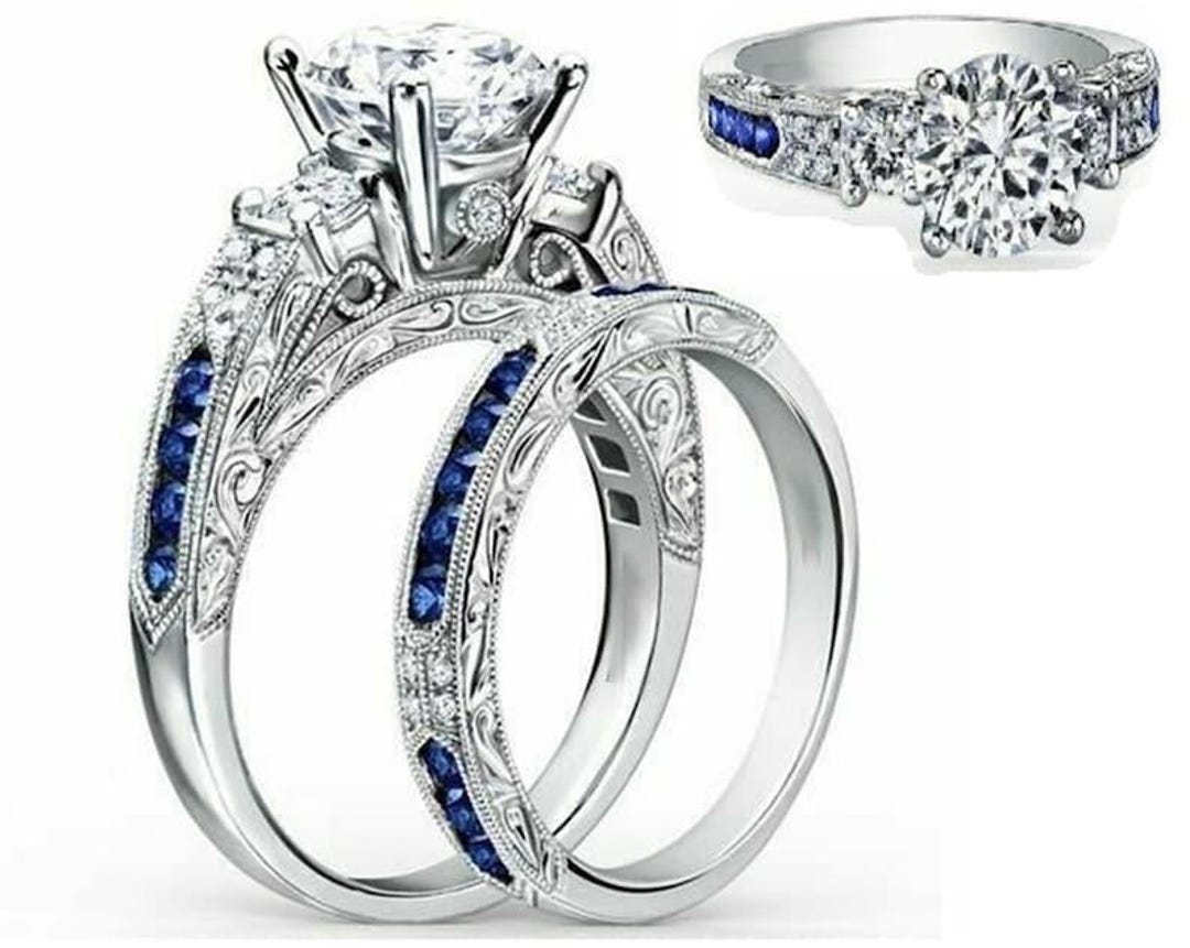 Sapphire & Round Cut Lab Created Diamond Ring Set, Vintage Look Ring ...