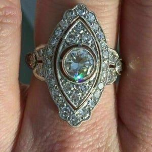 Bague de navette Art déco en diamants ronds créés en laboratoire, bague de style vintage pour femmes, bague halo sertie lunette millegrain, bague de proposition de fiançailles